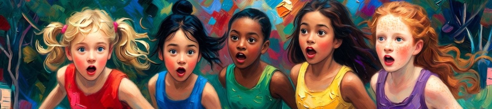 Girls Running Together in a Vibrant, Colorful Painted World