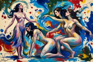 Abstract Painted Composition of Four Nude Women in Fluid, Colorful Motion · 1 PNG Image · 10000×6711 px · 300 DPI · Instant Download