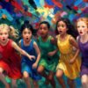 Girls Running Together in a Vibrant, Colorful Painted World · 1 PNG Image · 10000×6711 px · 300 DPI · Instant Download