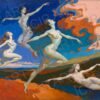 Abstract Painted Composition of Four Nude Women in Dynamic, Ethereal Motion Over a Colorful Landscape · 1 PNG Image · 10000×6711 px · 300 DPI · Instant Download