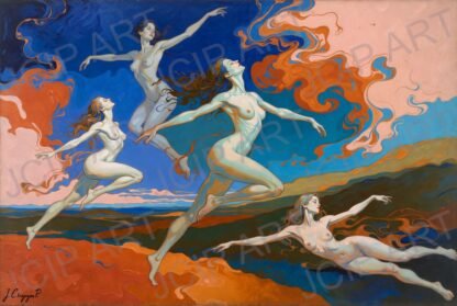 Abstract Painted Composition of Four Nude Women in Dynamic, Ethereal Motion Over a Colorful Landscape · 1 PNG Image · 10000×6711 px · 300 DPI · Instant Download