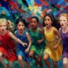 BRICK WALL · Girls Running Together in a Vibrant, Colorful Painted World · 1 PNG Image · 10000×6711 px · 300 DPI · Instant Download