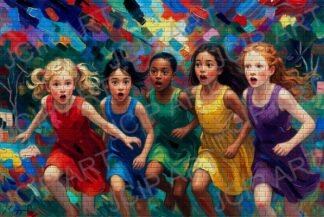 BRICK WALL · Girls Running Together in a Vibrant, Colorful Painted World · 1 PNG Image · 10000×6711 px · 300 DPI · Instant Download