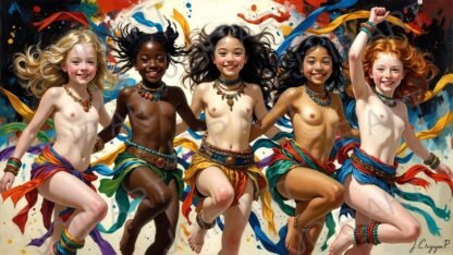 Five young girls of diverse ethnicities dancing joyfully · 1 PNG Image · 10000×5626 px · 300 DPI · Instant Download