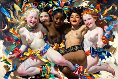 A lively, highly stylized scene of five children posed together in a tight, almost celebratory cluster against a soft, light background. · 1 PNG Image · 10000×6712 px · 300 DPI · Instant Download