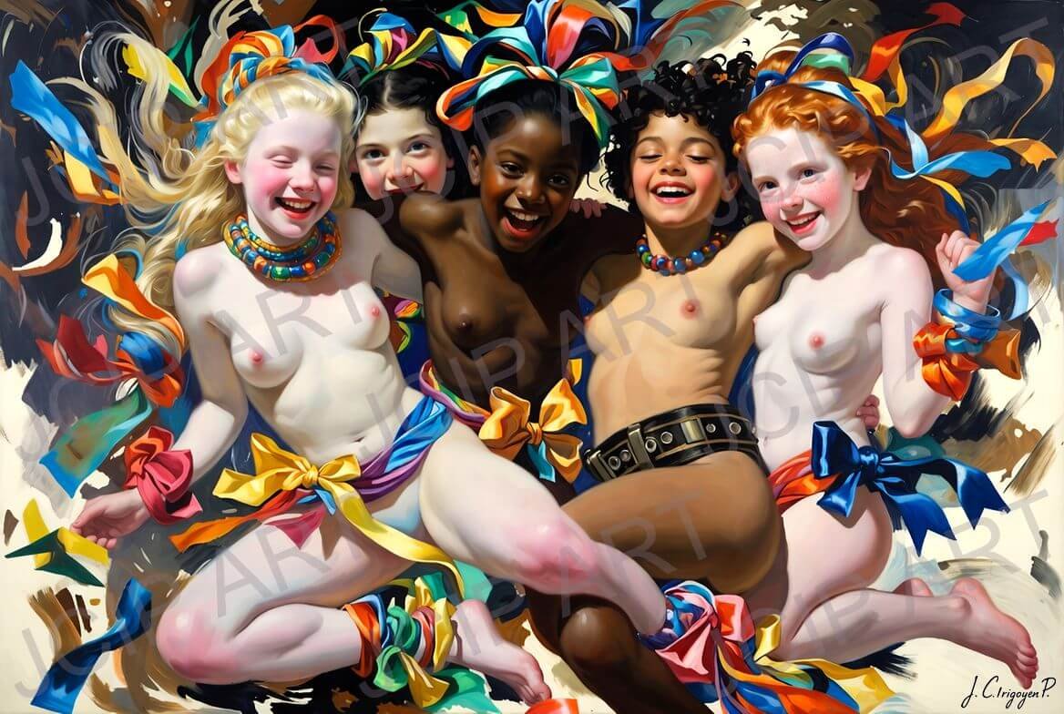 A lively, highly stylized scene of five children posed together in a tight, almost celebratory cluster against a soft, light background. · 1 PNG Image · 10000×6712 px · 300 DPI · Instant Download