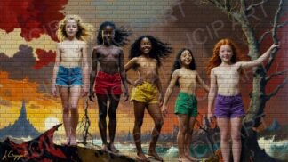 BRICK WALL - Five children standing together in a dramatic, surreal landscape · 1 PNG Image · 10000×5626 px · 300 DPI · Instant Download (Copy)