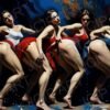 Four women posed in a stylized, highly charged scene that feels theatrical and almost painted in its composition
