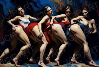 Four women posed in a stylized, highly charged scene that feels theatrical and almost painted in its composition