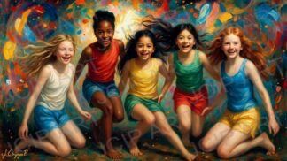 Five children dancing together in a burst of color and motion · 1 PNG Image · 10000×5626 px · 300 DPI · Instant Download