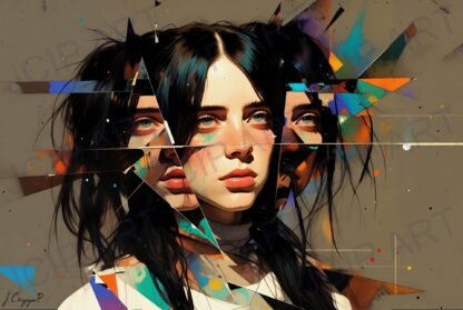 Billie Eilish. Young woman with dark hair, rendered in a cubist style · 1 PNG Image · 10000×6712 px · 300 DPI · Instant Download