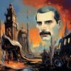 FREDDIE MERCURY floats above the city, his pale face nearly as tall as the clock towers and impossible to ignore · 1 PNG Image · 10000×6709 px · 300 DPI · Instant Download (Copy)