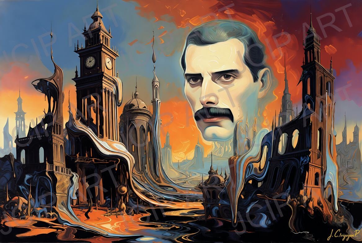 FREDDIE MERCURY floats above the city, his pale face nearly as tall as the clock towers and impossible to ignore · 1 PNG Image · 10000×6712 px · 300 DPI · Instant Download (Copy)